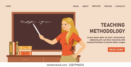 Female teacher pointing at a chalkboard with a stick while explaining a lesson. Books are stacked on a desk. Educational concept on a light background. Vector illustration