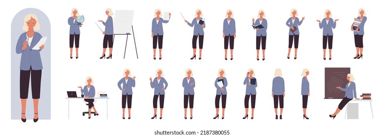 Female teacher poses in front, side and back view, gestures set vector illustration. Cartoon woman in suit sitting and standing, confident professional speaker teaching at blackboard isolated on white