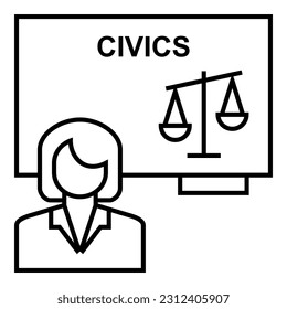 Female teacher or professor standing by blackboard or chalkboard, teaching and presenting about civics icon vector design symbol illustration.