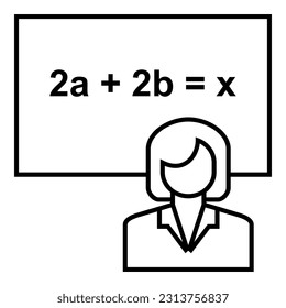 Female teacher or professor standing by blackboard or chalkboard, teaching and presenting about math icon vector design symbol illustration.