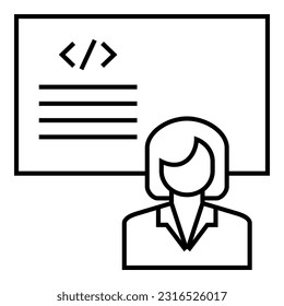 Female teacher or professor standing by blackboard or chalkboard, teaching and presenting about computer coding, programming icon vector design symbol illustration.