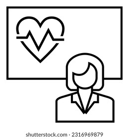 Female teacher or professor standing by blackboard or chalkboard, teaching and presenting about health icon vector design symbol illustration.