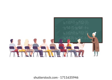 Female Teacher Professor Standing in Front of Blackboard Teaching Students in Classroom, University, College, High School Lesson Flat Vector Illustration