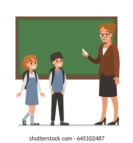 
Female teacher with pupils.  Flat style vector illustration isolated on white background.