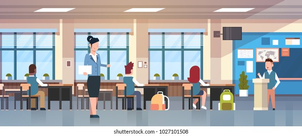 Female Teacher With Pupils Listen To Schoolboy With Report Standing At Tribune School Classroom Horizontal Banner Flat Vector Illustration