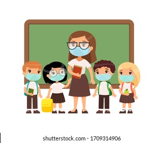 Female teacher and pupils  with protective masks on their faces. Boys and girls dressed in school uniform and female teacher pointing at blackboard. Respiratory virus protection, allergies concept.