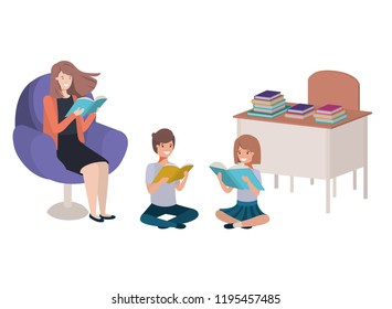 female teacher reading in the classroom with students