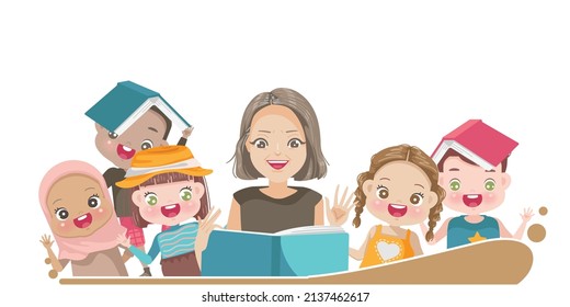 Female teacher reading a story from the book