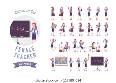 Female teacher ready-to-use character set. School, universirty or college worker, at lesson for students. Professional education and learning concept. Full length, different views, gestures, emotions