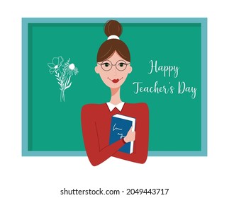 Female teacher with school board on the background vector illustration, Teacher's day concept