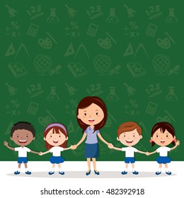 Female teacher and school children. Education icons background.