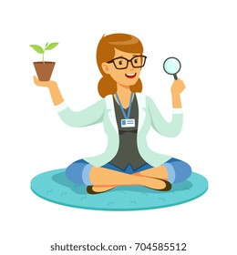 Female Teacher Or Scientist Examining A Plant Through A Magnifying Glass Cartoon Vector Illustration