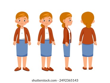 Female teacher set. Educational worker walking. Pack of characters in different viewing angles. Design elements for creating animations. Woman with education. Flat vector collection