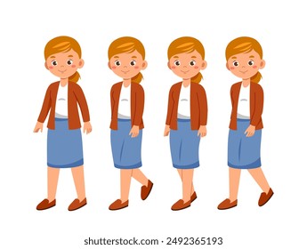 Female teacher set. Educational worker walking. Pack of characters. Education and learning. Design elements for creating animations. Woman in suit walk. Flat vector collection