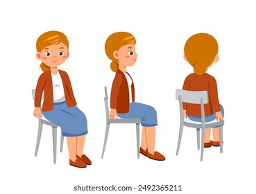 Conjunto de profesoras. Trabajador educativo sentado en la silla. Paquete de caracteres en diferentes ángulos de visualización. Elementos de diseño para crear animaciones. Mujer en clase. Colección de Vector plano