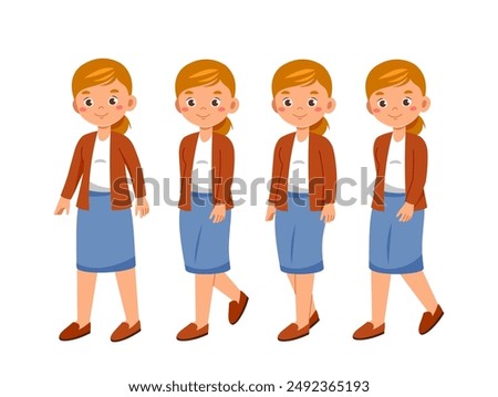 Female teacher set. Educational worker walking. Pack of characters. Education and learning. Design elements for creating animations. Woman in suit walk. Flat vector collection