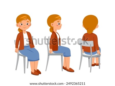 Female teacher set. Educational worker sits at chair. Pack of characters in different viewing angles. Design elements for creating animations. Woman in classroom. Flat vector collection