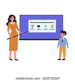 Female teacher showing dangerous mushrooms to boy. Chalkboard, school, toadstool flat vector illustration. Education and study concept for banner, website design or landing page