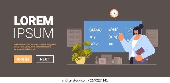 female teacher solving math problem on digital chalkboard during lesson education concept school classroom interior