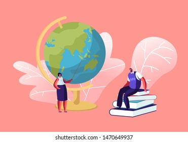 Female Teacher Stand with Pointer at Globe in Classroom. Male Tutor Sitting on Pile of Books in Class Room Conducting Lesson. Education Process, Back to School Concept Cartoon Flat Vector Illustration