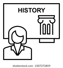 Female teacher standing by blackboard or chalkboard, teaching history icon vector design symbol illustration.