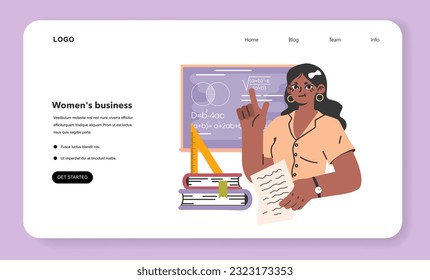 Female teacher standing by blackboard web banner or landing page. Smiling professor in the classroom. School or college workers. Idea of education and knowledge gaining. Flat vector illustration