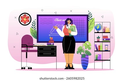 Female teacher standing in front of a chalkboard holding books, surrounded by school furniture, plants, and supplies, on a pink gradient background. Vector illustration