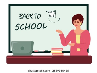 Female teacher standing at the marker board and table with laptop and books. On the board there is an inscription soon to school and a drawing of a paper airplane. Education, school, study