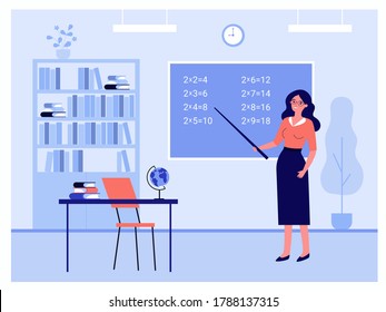 Female teacher standing near blackboard isolated flat vector illustration. Cartoon professor holding pointer and explaining lesson in classroom. School and education concept