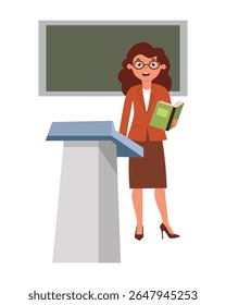 Female teacher standing on podium in classroom attracting students attention with textbook in hands. Vector illustration in flat style.