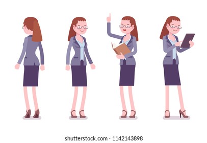 Female teacher standing. School, universirty or college worker, at lesson for students. Professional education and learning concept. Vector flat style cartoon illustration isolated on white background