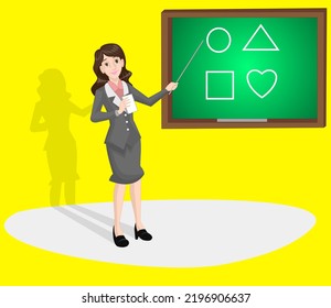 A female teacher standing while pointing at the subject matter on the blackboard, a visual element consisting of a female character wearing a black suit isolated on a yellow background