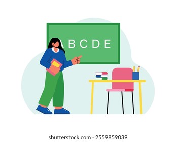 a female teacher is standing while teaching a lesson to her student 
design, vector, illustration