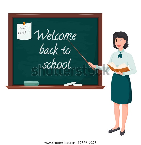 Female Teacher Stands Blackboard Pointer One Stock Vector (Royalty Free ...