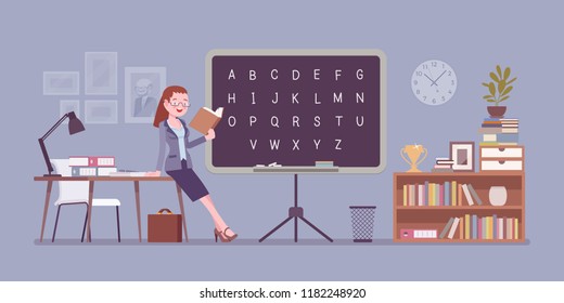 Female teacher stands at the blackboard. School, university, college worker, at lesson in classroom. Professional education and learning concept. Vector flat style cartoon illustration