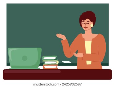 Una profesora se para en la pizarra y en la mesa con una laptop y libros. En la pizarra hay un espacio para el texto. Educación, escuela, estudio. Ilustración de color vectorial