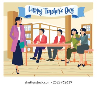 A female teacher stands in front of the class. Provide explanations to students in class. Teacher's day concept. Flat vector illustration.