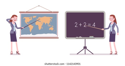 Female teacher stands at map, blackboard. School, universirty, college worker, lesson for students. Professional education, learning. Vector flat style cartoon illustration isolated, white background