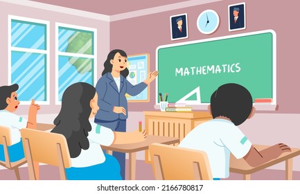 Female teacher starting math class in front first grade elementary school classes. morning activity