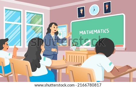 Female teacher starting math class in front first grade elementary school classes. morning activity