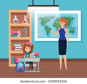 female teacher with student girl in the classroom