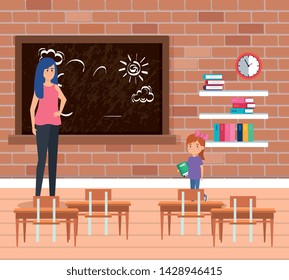 female teacher with student girl in the school scene