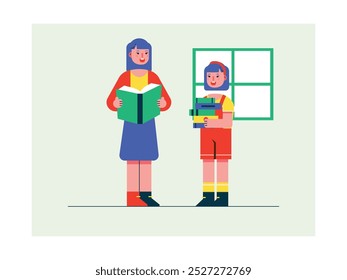 Female teacher with students carrying books in the house, learning homeschooling activity. Character design. Vector flat illustration