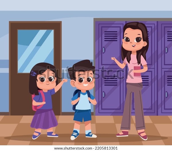 Female Teacher Students Corridor Stock Vector (Royalty Free) 2205813301 ...