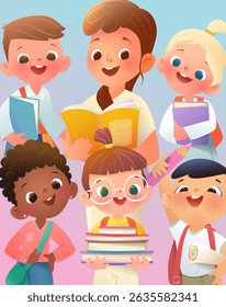 Female teacher and students together in class holding books reading and studying. Back to school design, diverse class schoolchildren cartoon. Vector poster illustration for kids education.