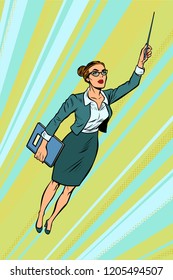 Female Teacher, Superhero Flying. Pop Art Retro Vector Illustration Vintage Kitsch