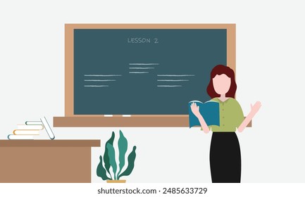 A female teacher teaches lessons on a chalk board to students in class. Teacher standing in front of blackboard. flat vector illustration.
