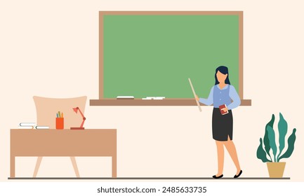 A female teacher teaches lessons on a chalk board to students in class. Teacher standing in front of blackboard. flat vector illustration.