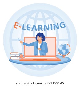 A female teacher teaches students from a laptop screen. Online education process. E-learning concept. Flat vector illustration.