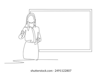 Female teacher teaching in class. Teacher in classroom concept one-line drawing